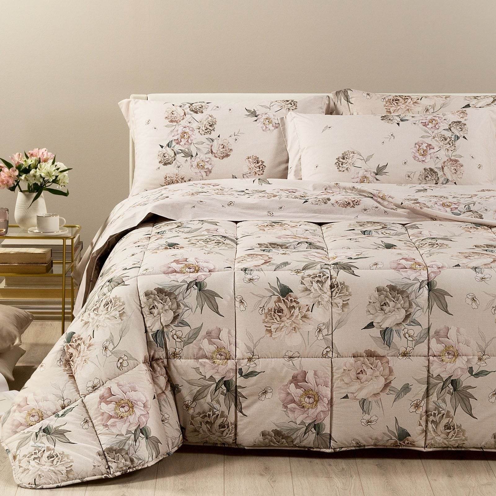 Trapunta Stampato Biancheria Peonia Queen Caleffi - evabiancheria