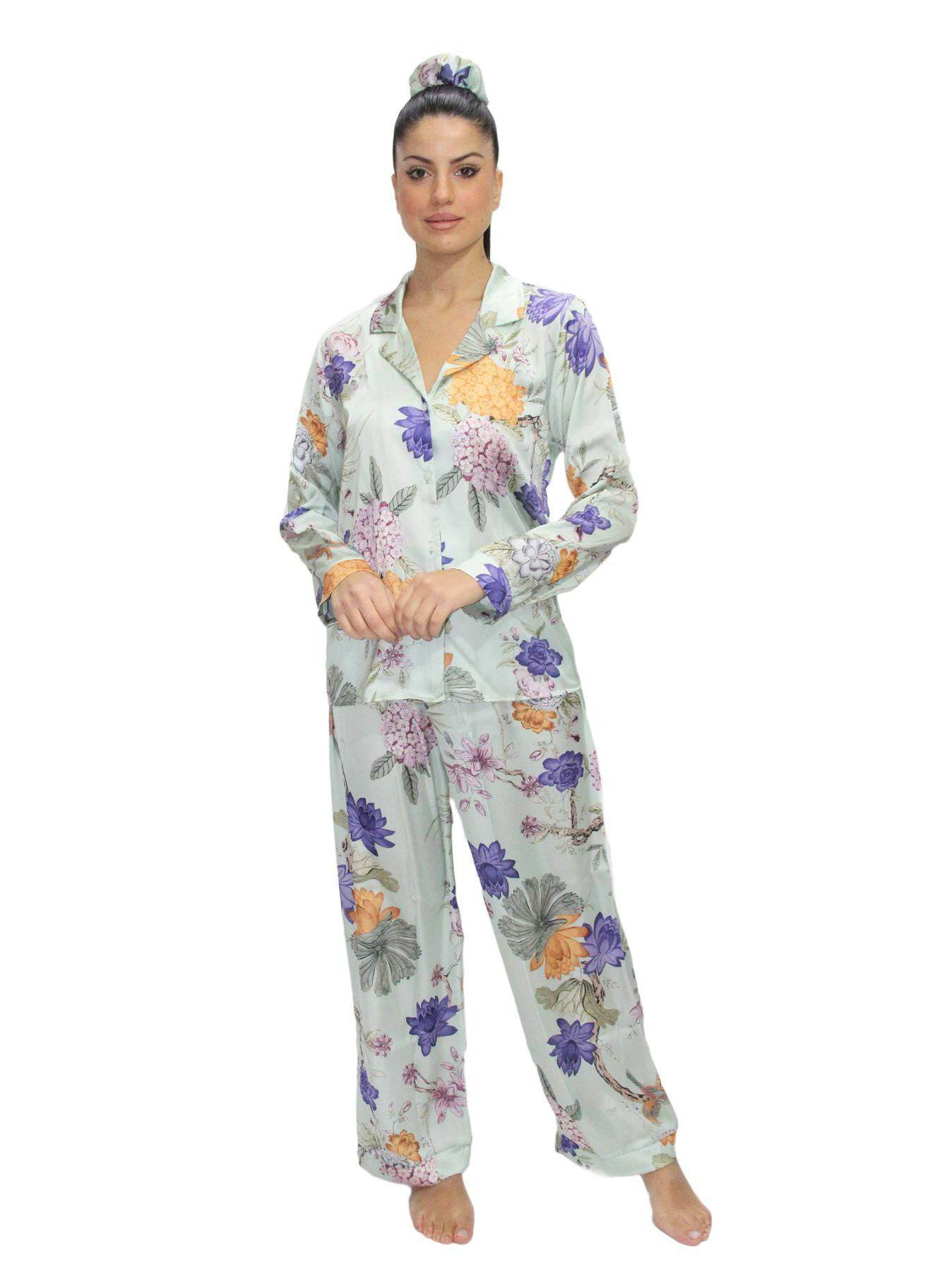 Pigiama Lungo Donna Orchidea Mille fiori Verde Filo D Angelo - evabiancheria