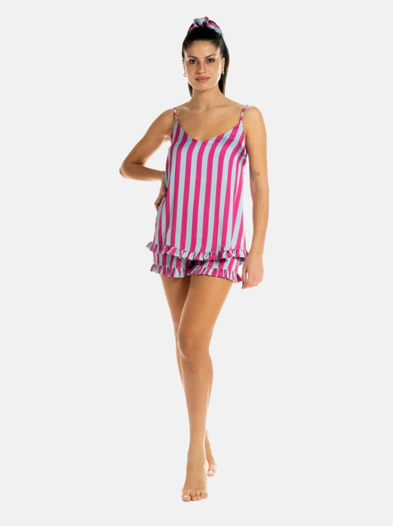 Pigiama corto Donna PEONIA ROSA VERDE MAGENTA Filo D Angelo - evabiancheria